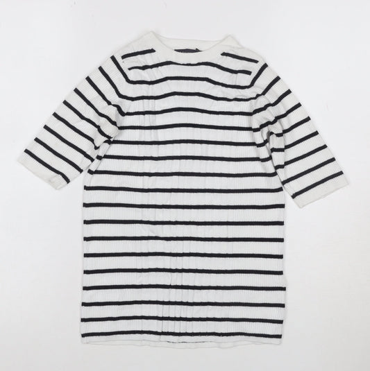 Marks & Spencer Collection Women White Black Striped Rib Knit 3/4 Sleeve Top S