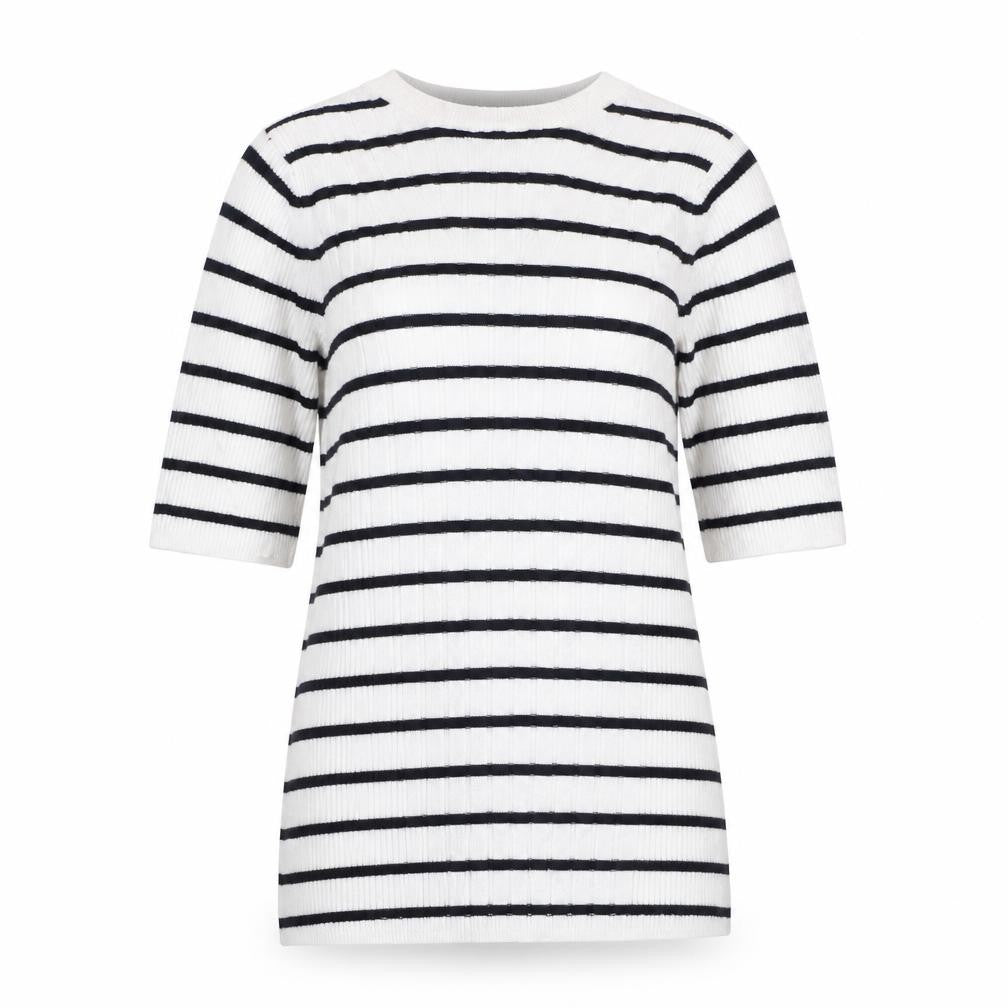 Marks & Spencer Collection Women White Black Striped Rib Knit 3/4 Sleeve Top S