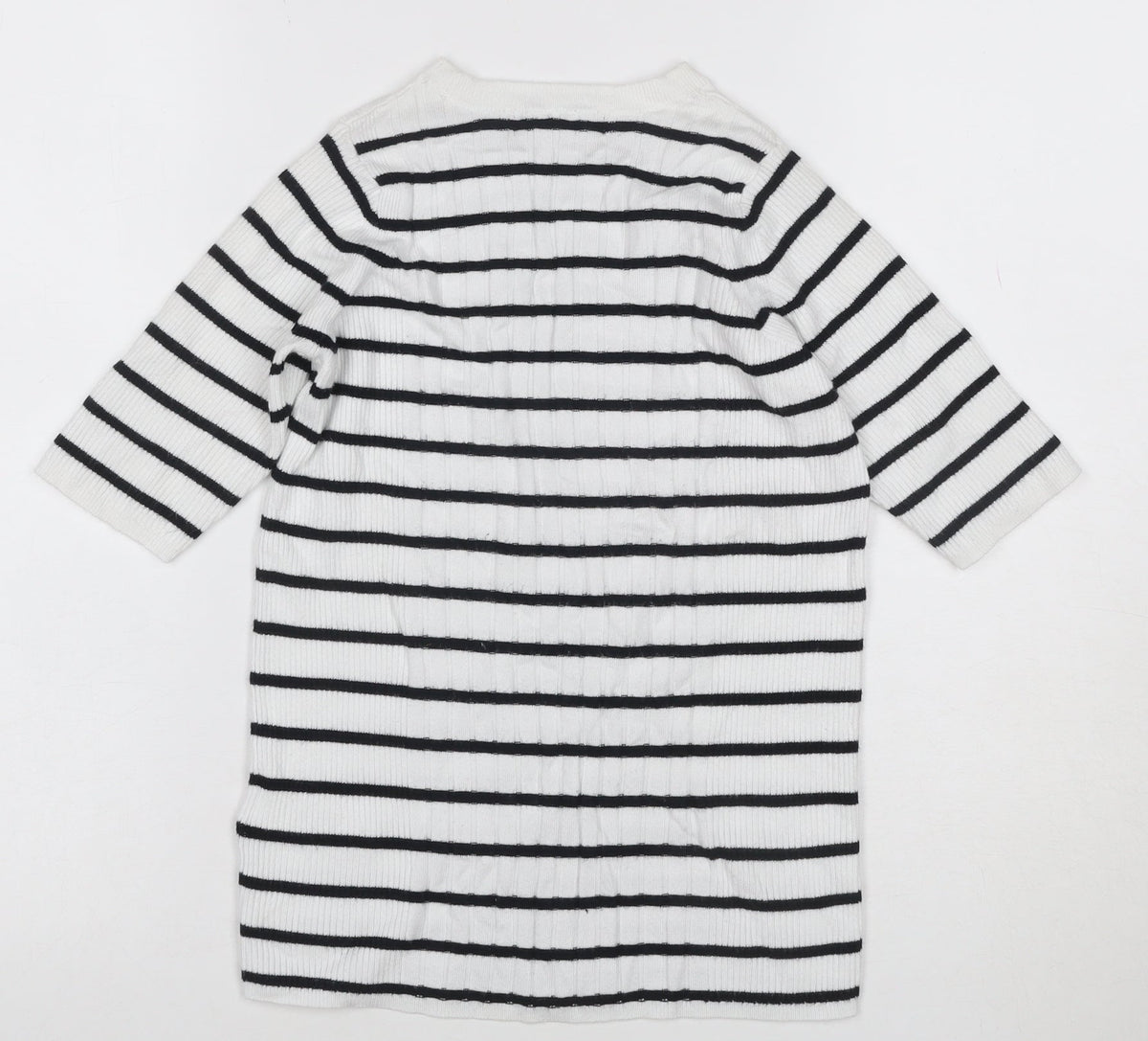 Marks & Spencer Collection Women White Black Striped Rib Knit 3/4 Sleeve Top S