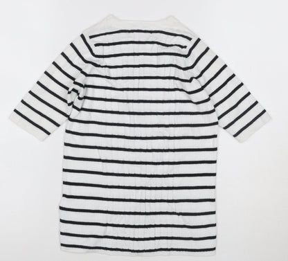 Marks & Spencer Collection Women White Black Striped Rib Knit 3/4 Sleeve Top S