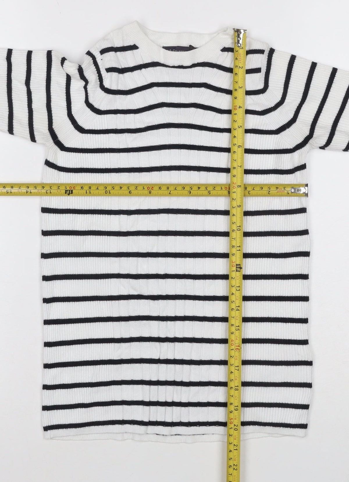 Marks & Spencer Collection Women White Black Striped Rib Knit 3/4 Sleeve Top S