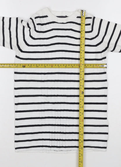 Marks & Spencer Collection Women White Black Striped Rib Knit 3/4 Sleeve Top S