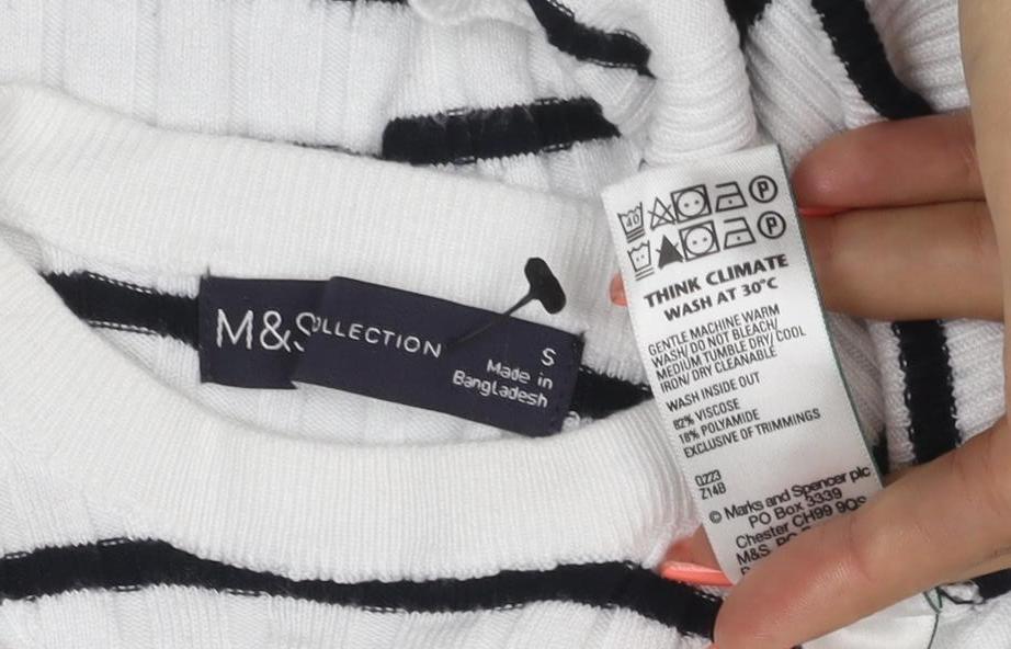 Marks & Spencer Collection Women White Black Striped Rib Knit 3/4 Sleeve Top S