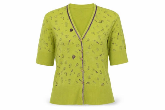 Paraphrase Women’s Green Silk Cashmere XL Short Sleeve Print Cardigan