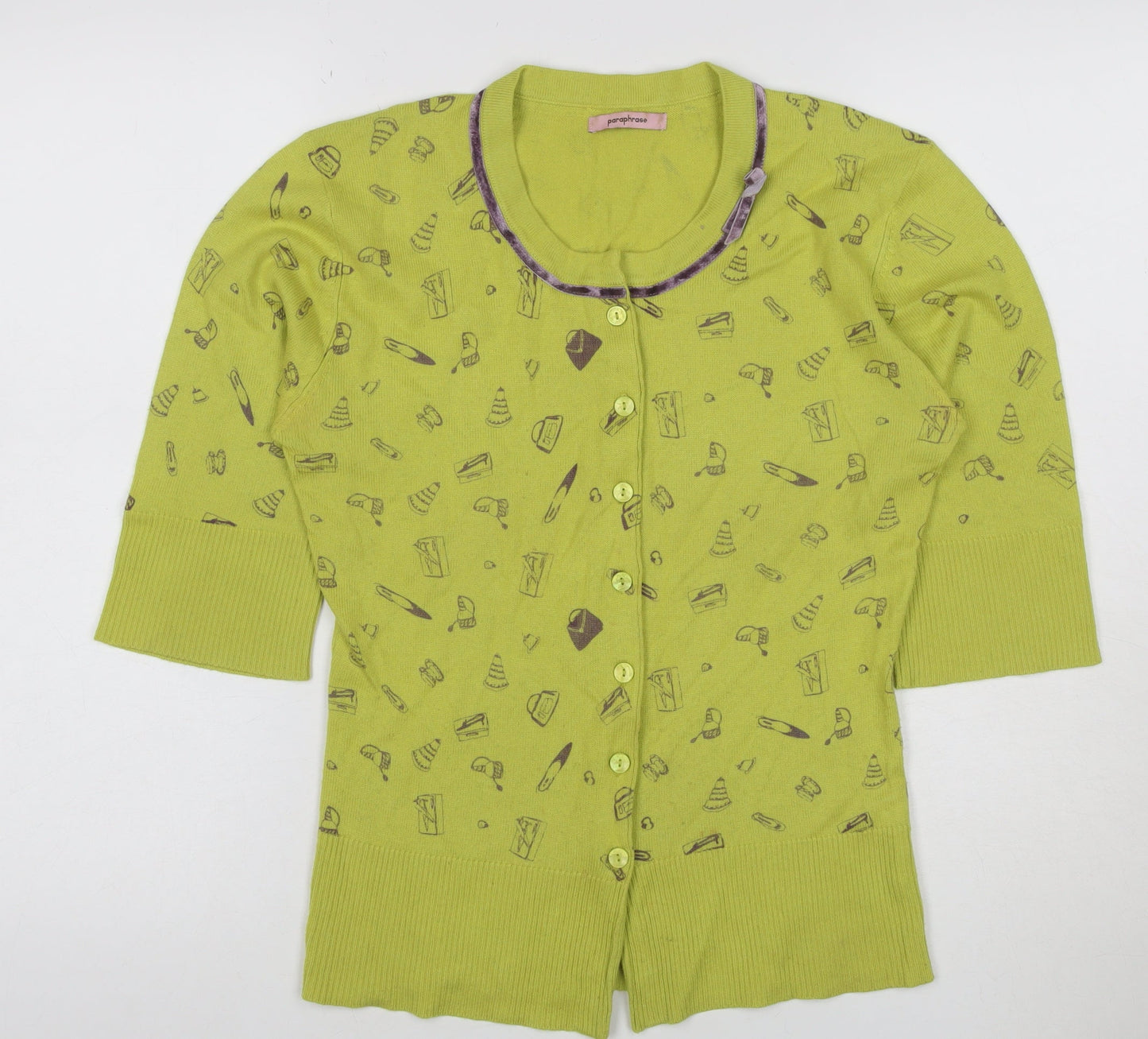 Paraphrase Women’s Green Silk Cashmere XL Short Sleeve Print Cardigan