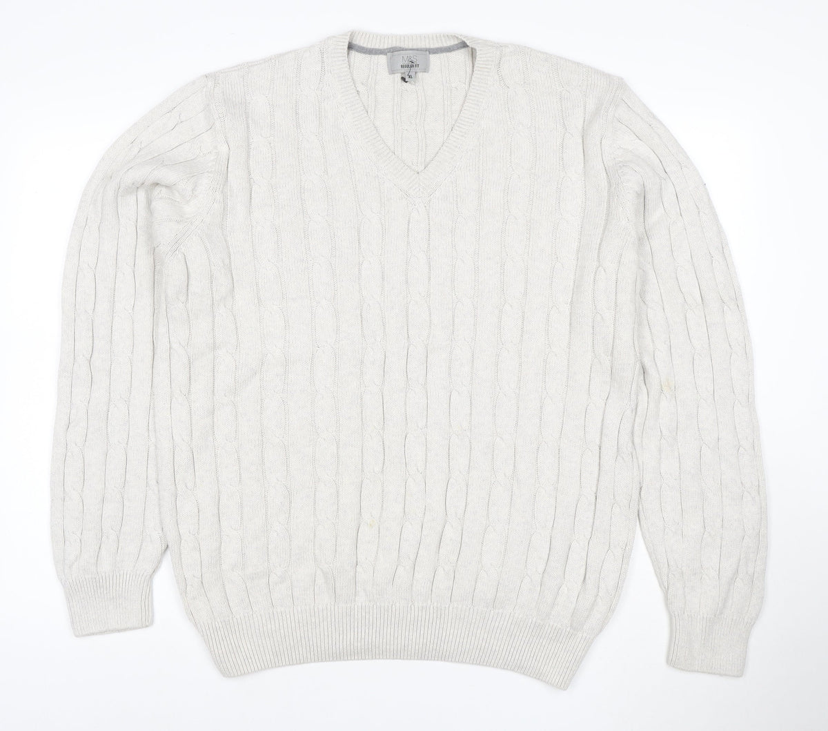 Marks & Spencer Men Ivory XL Cable-Knit V-Neck Cotton Pullover Jumper