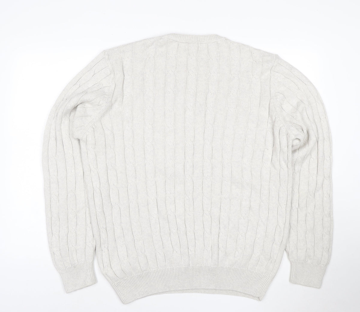 Marks & Spencer Men Ivory XL Cable-Knit V-Neck Cotton Pullover Jumper