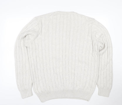 Marks & Spencer Men Ivory XL Cable-Knit V-Neck Cotton Pullover Jumper