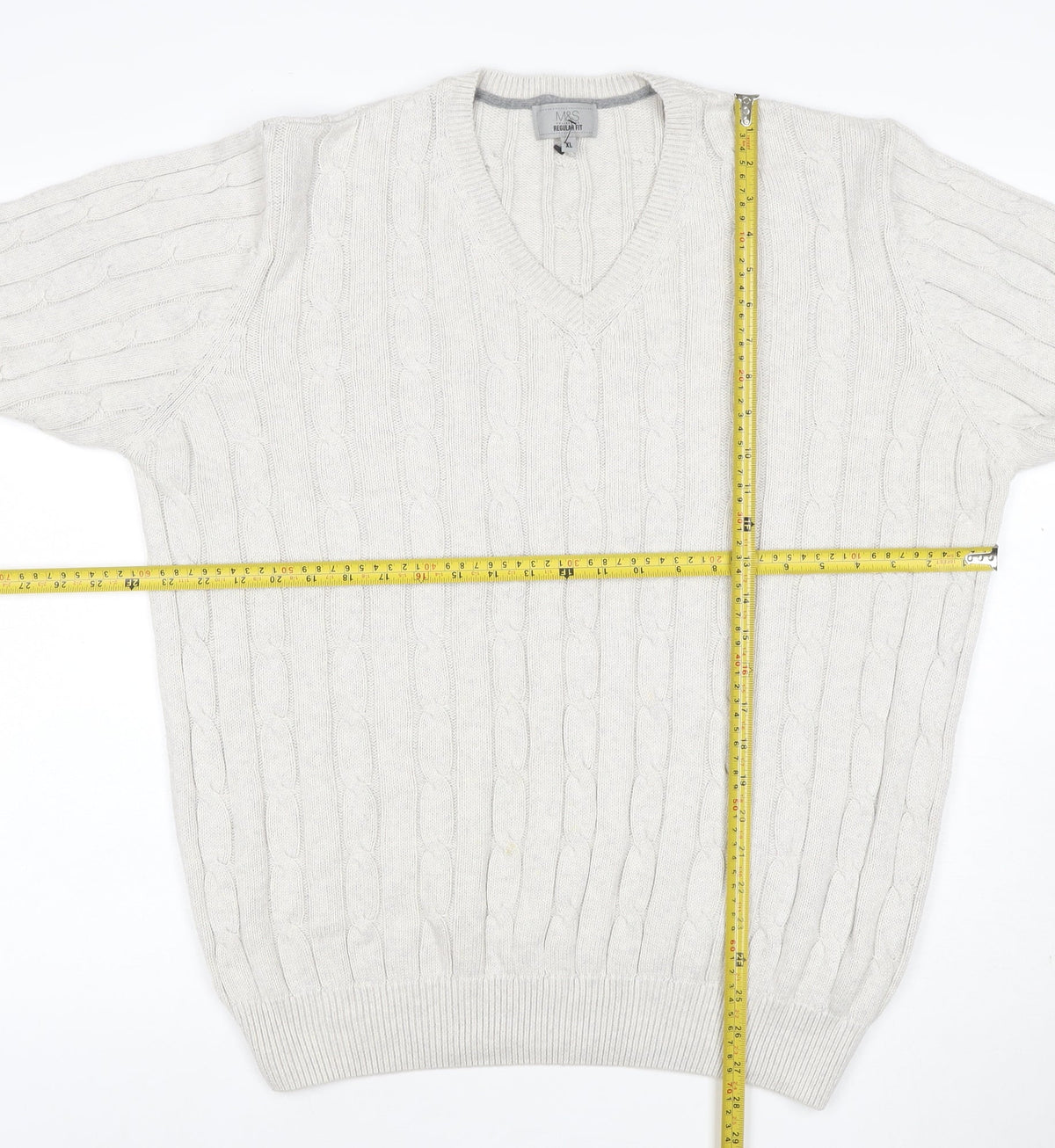 Marks & Spencer Men Ivory XL Cable-Knit V-Neck Cotton Pullover Jumper