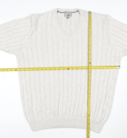 Marks & Spencer Men Ivory XL Cable-Knit V-Neck Cotton Pullover Jumper