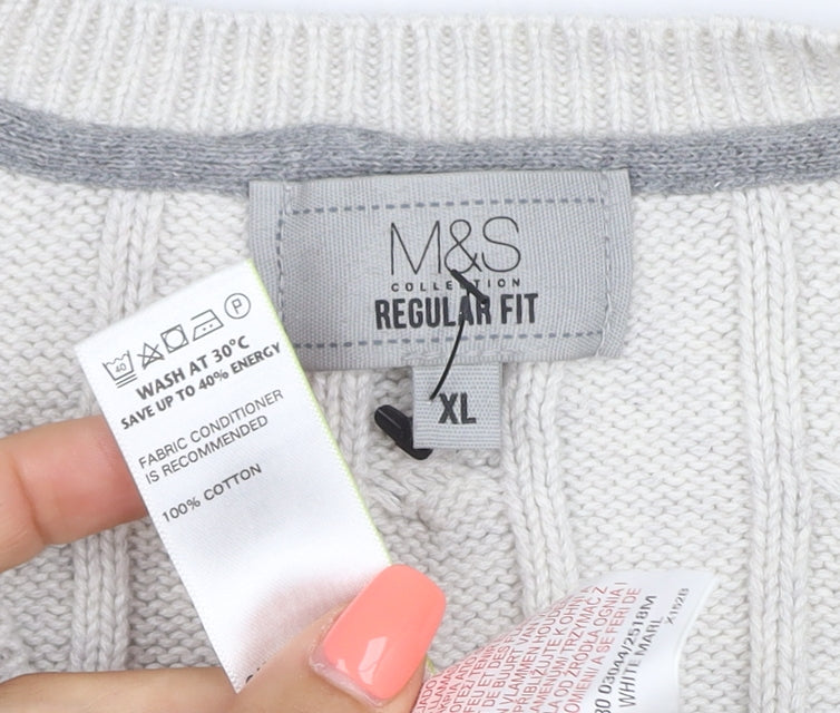 Marks & Spencer Men Ivory XL Cable-Knit V-Neck Cotton Pullover Jumper