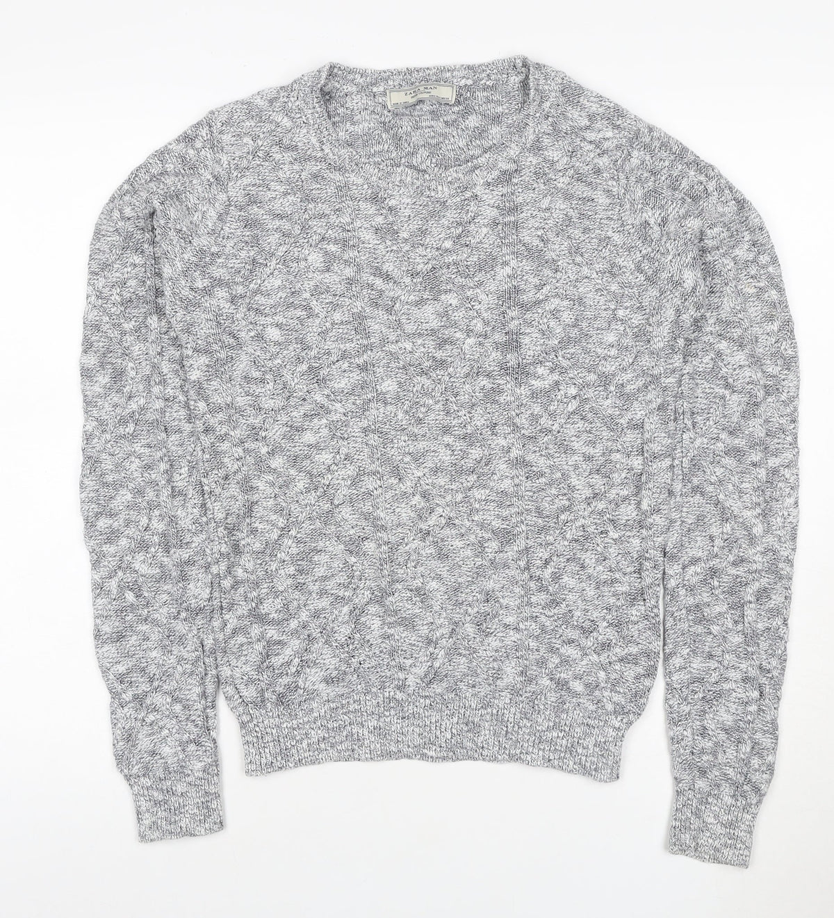 Zara Man Grey S Cable Knit Cotton Crew Neck Pullover Jumper