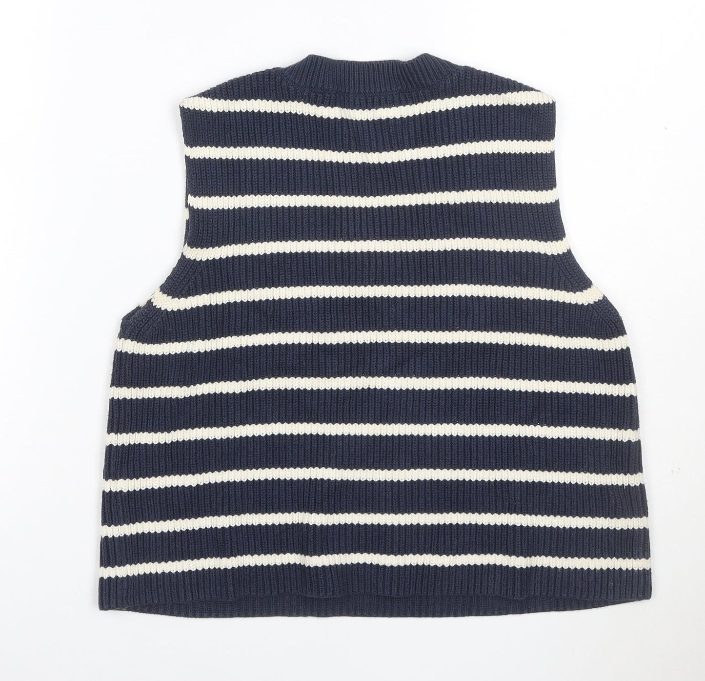 Zara Women’s Blue Ivory Striped V-Neck Knit Vest Jumper Size S