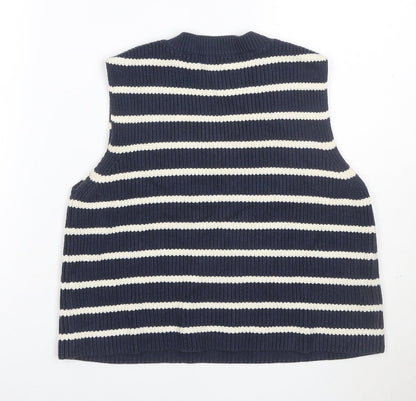 Zara Women’s Blue Ivory Striped V-Neck Knit Vest Jumper Size S