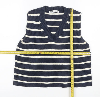 Zara Women’s Blue Ivory Striped V-Neck Knit Vest Jumper Size S