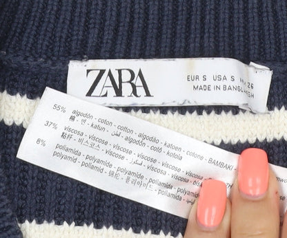 Zara Women’s Blue Ivory Striped V-Neck Knit Vest Jumper Size S