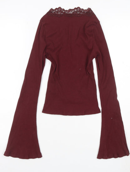 ASOS DESIGN Women Red XS Ribbed Lace V-Neck Flare Sleeve Top