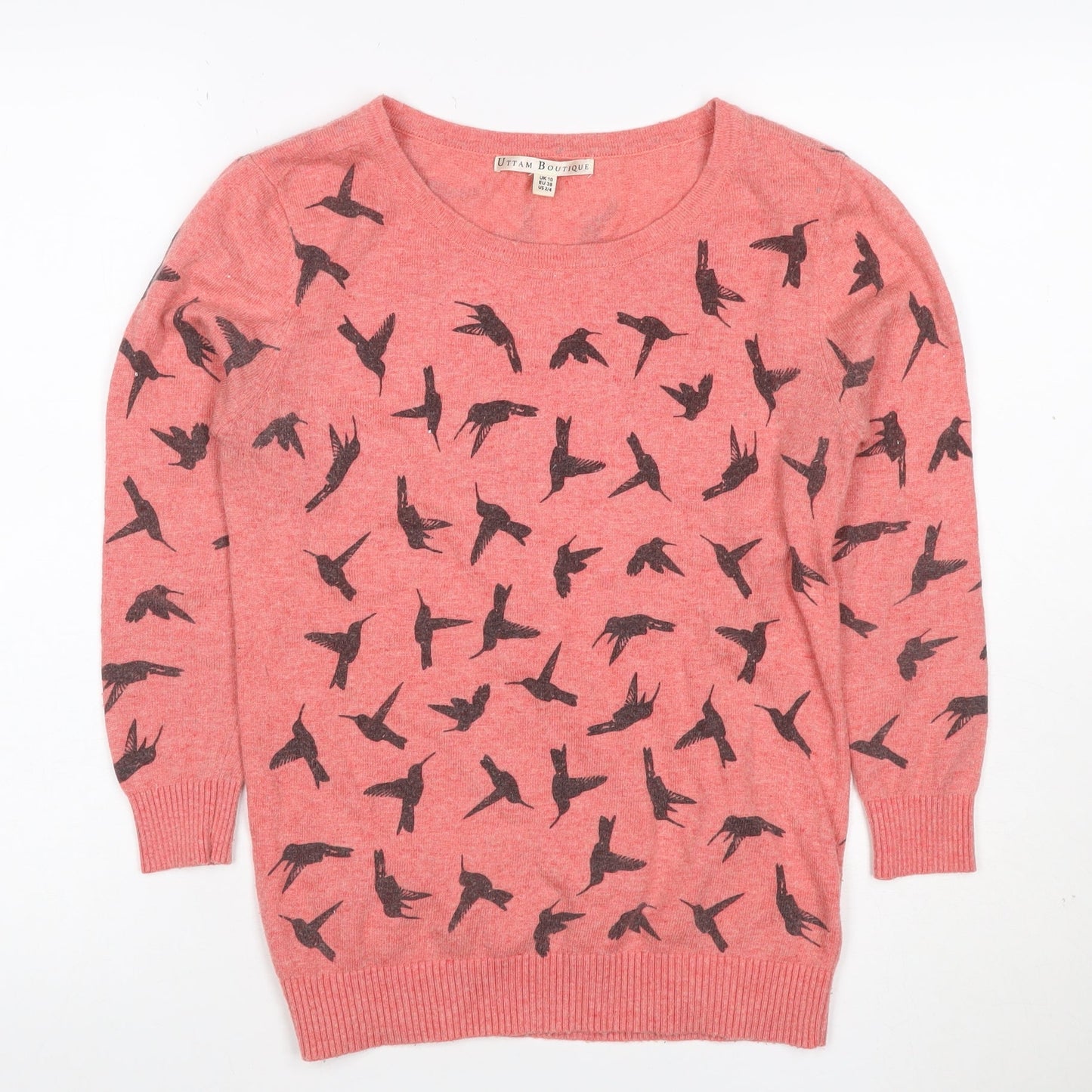 Uttam Boutique Women Pink Bird Print Wool Blend Jumper UK 10
