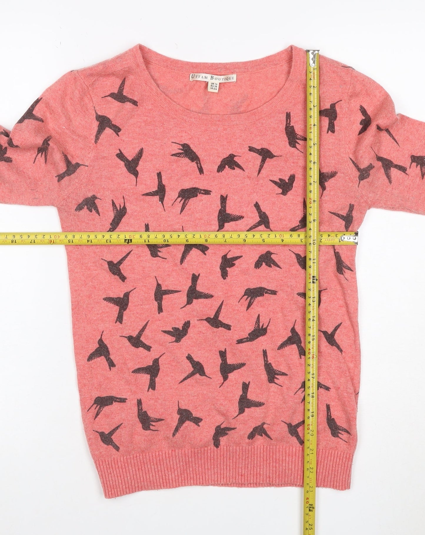 Uttam Boutique Women Pink Bird Print Wool Blend Jumper UK 10
