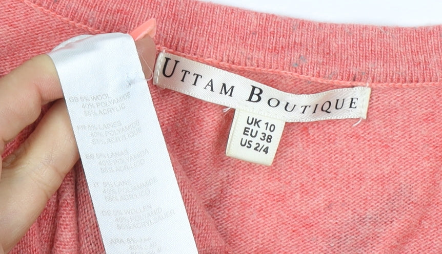 Uttam Boutique Women Pink Bird Print Wool Blend Jumper UK 10