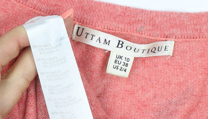 Uttam Boutique Women Pink Bird Print Wool Blend Jumper UK 10