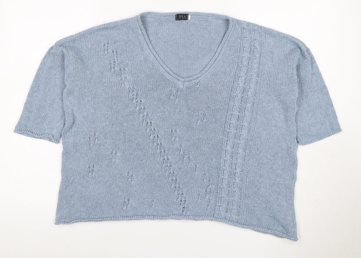 PIA Women’s Blue XS Cable Knit V-Neck Short Sleeve Pullover Jumper