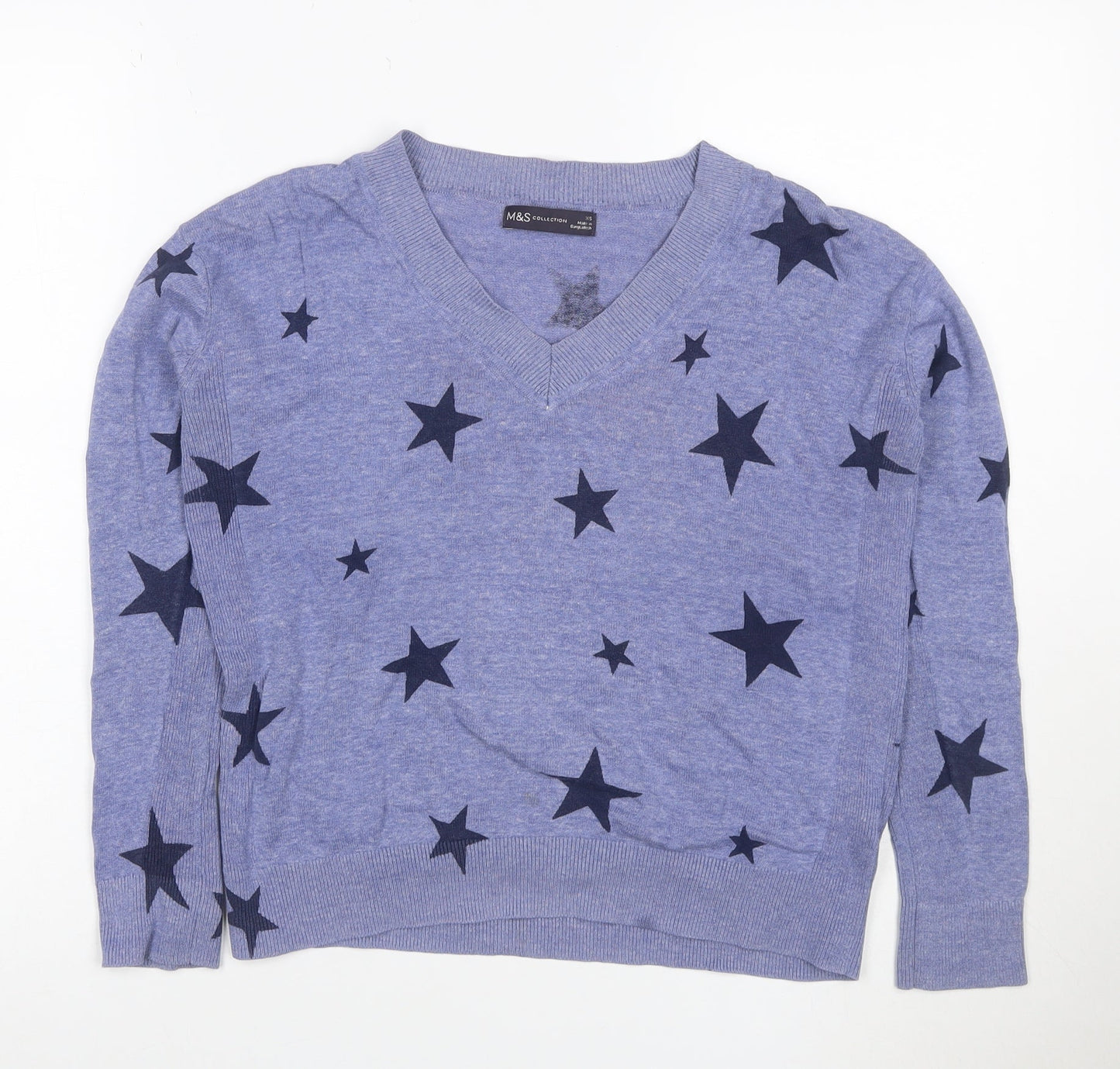 M&S Women Blue XS Star Print V-Neck Cotton Knit Jersey Top