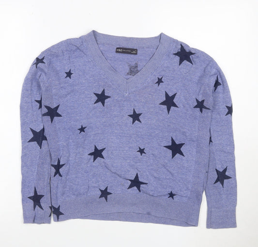 Marks & Spencer Women Blue XS Star Print V-Neck Cotton Knit Jersey Top