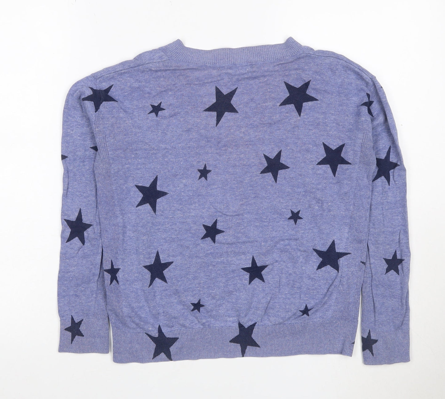 M&S Women Blue XS Star Print V-Neck Cotton Knit Jersey Top