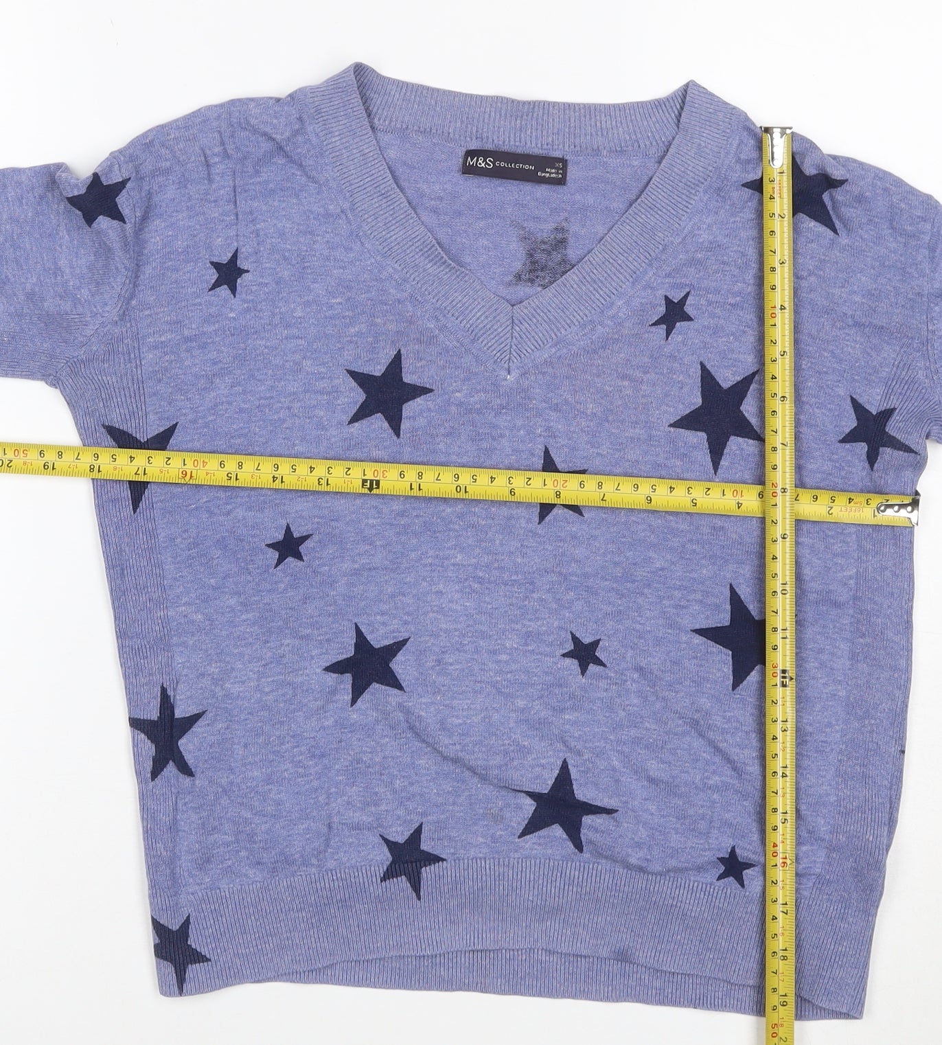 M&S Women Blue XS Star Print V-Neck Cotton Knit Jersey Top