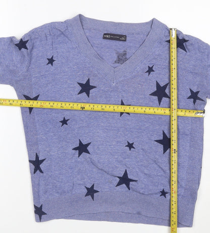 M&S Women Blue XS Star Print V-Neck Cotton Knit Jersey Top