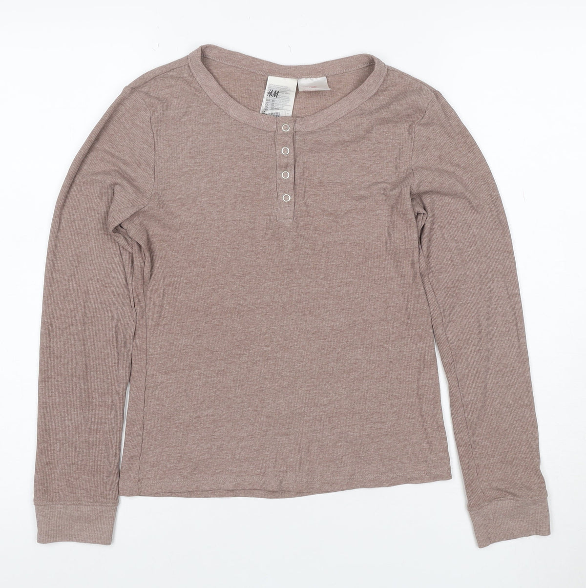 H&M Women’s Beige XS Ribbed Henley Long Sleeve Cotton Blend Jumper