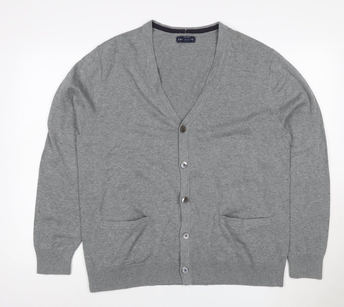 Lands' End Men Grey L Button V-Neck Cotton Knit Cardigan Pockets
