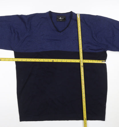 Next Men's Blue Black Merino Wool V-Neck Pullover Jumper M