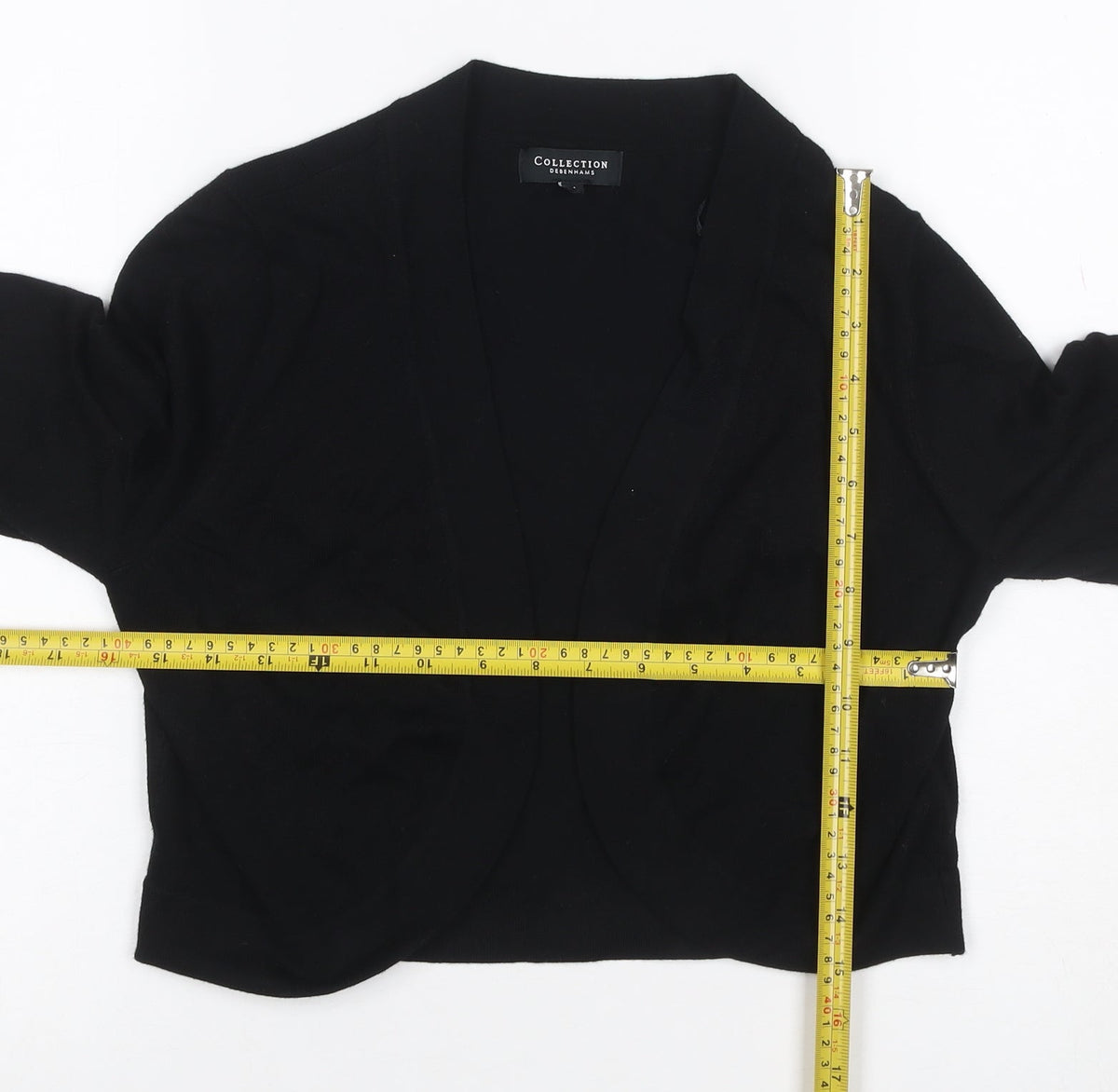 Back view of Collection Debenhams Women Black, size 14, Open V-Neck Knit Cardigan