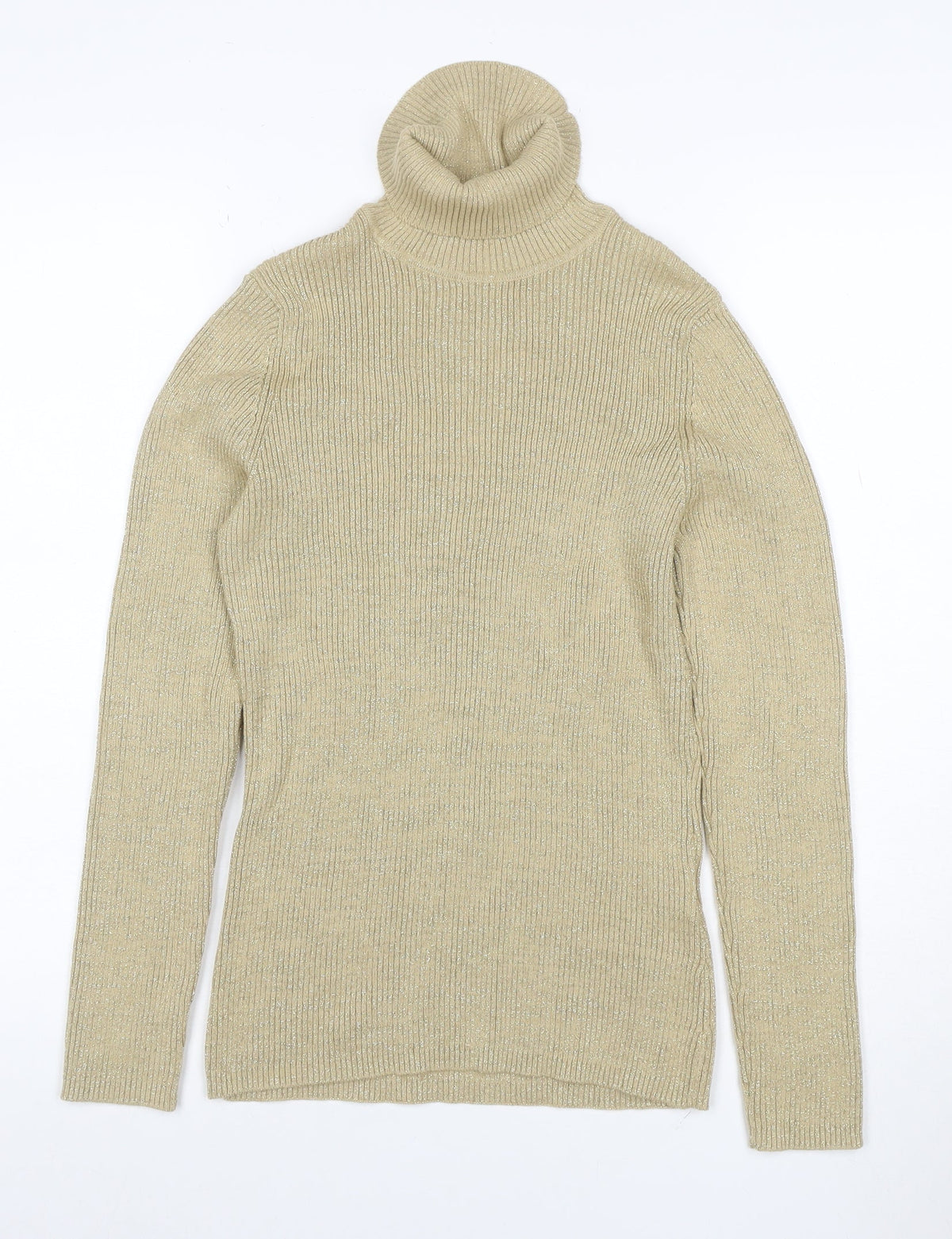 Basic Editions Women’s Beige Metallic Ribbed Roll Neck Jumper L