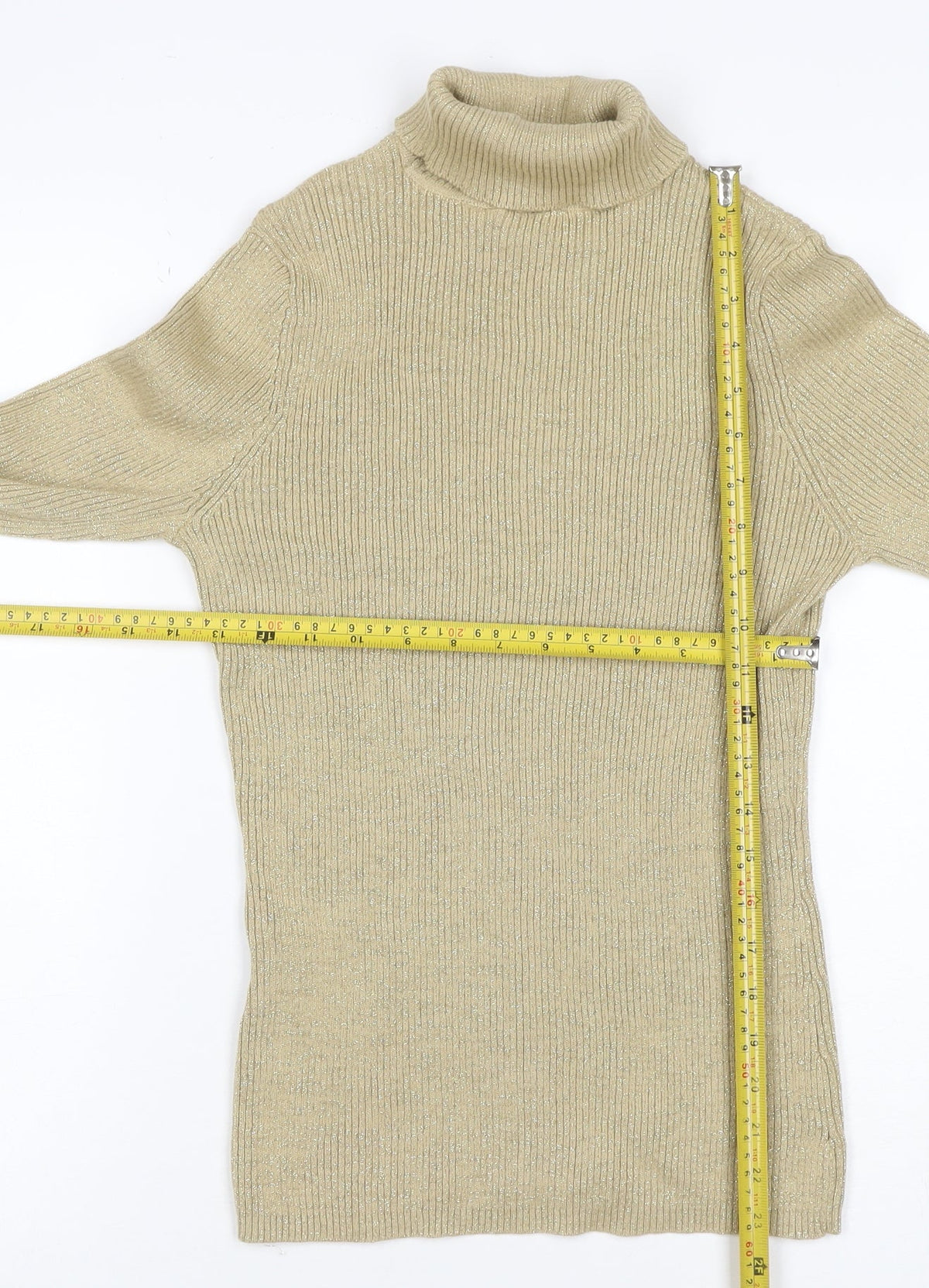Basic Editions Women’s Beige Metallic Ribbed Roll Neck Jumper L