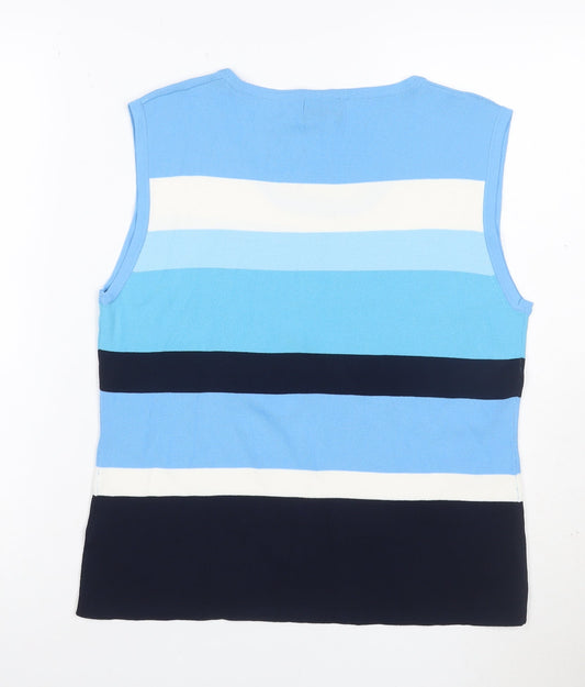 Roman Women Blue Stripe Knit Sleeveless Tank Top Size L