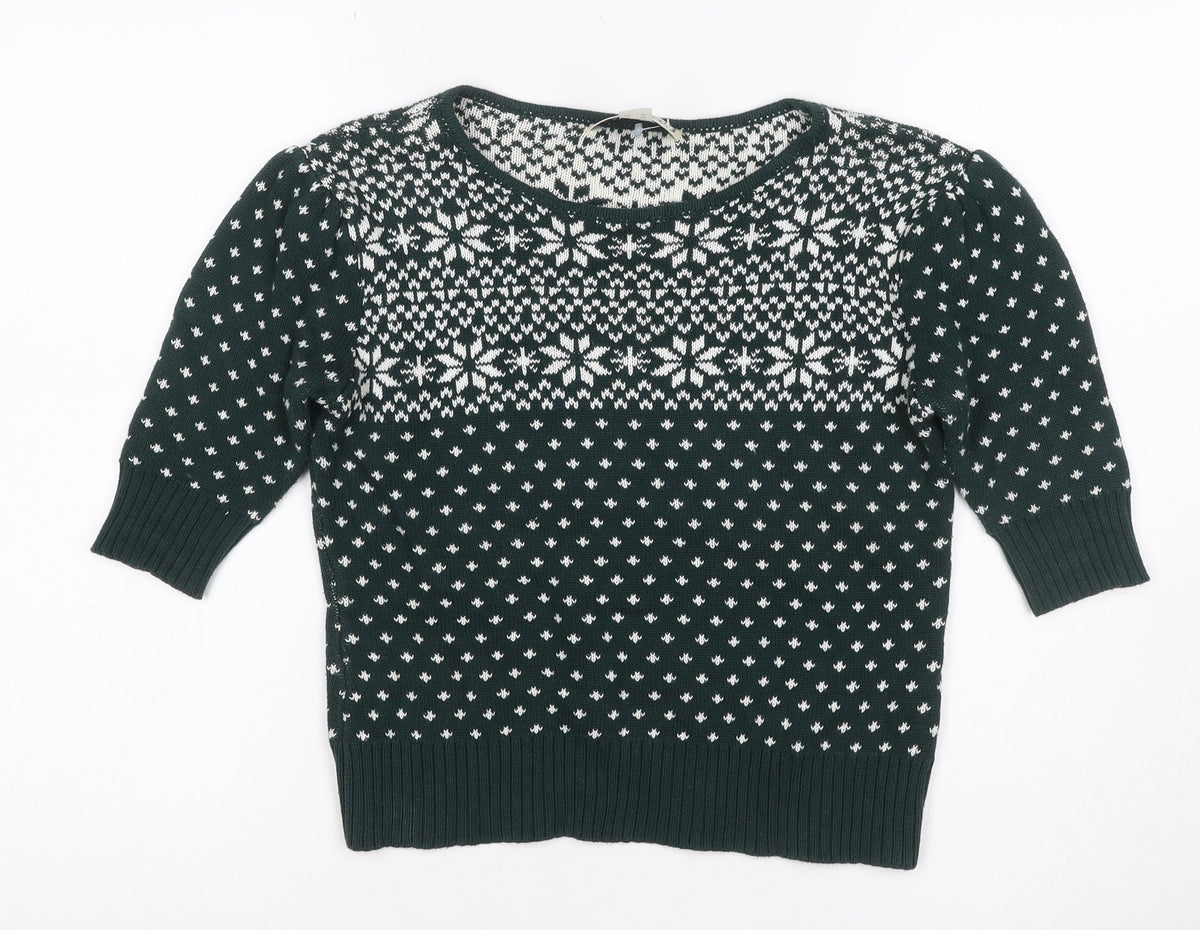 Collectif Women Green Fair Isle Christmas Jumper UK 10 Puff Sleeve