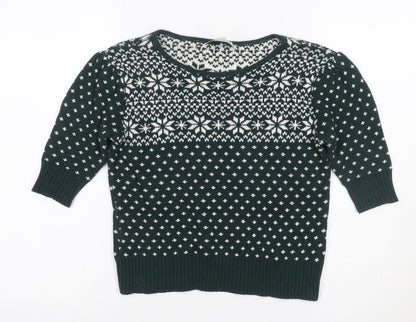 Collectif Women Green Fair Isle Christmas Jumper UK 10 Puff Sleeve