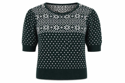 Collectif Women Green Fair Isle Christmas Jumper UK 10 Puff Sleeve