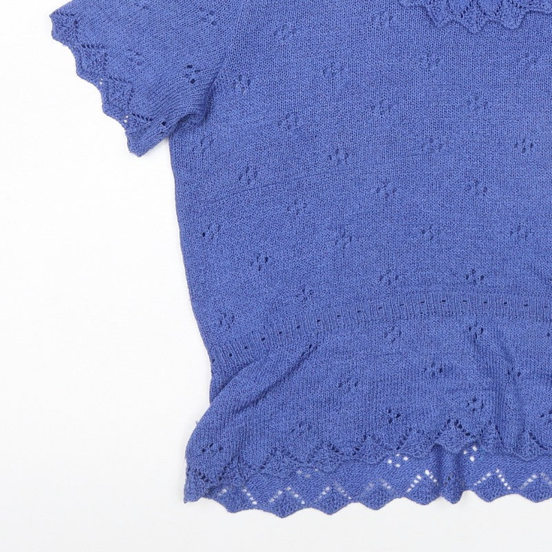 Escorpion Women Blue UK 16 Knit Ruffle Neck Short Sleeve Top