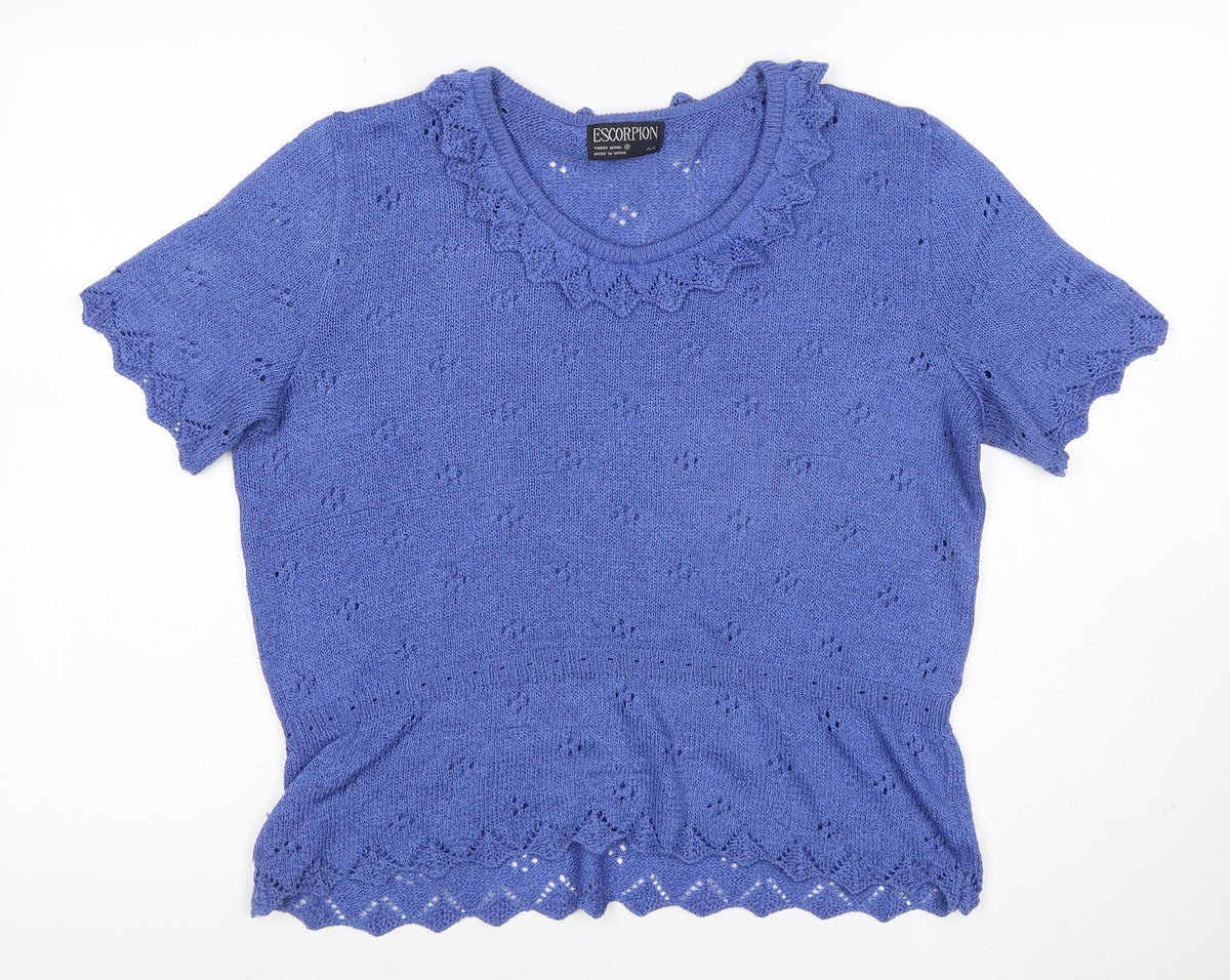 Escorpion Women Blue UK 16 Knit Ruffle Neck Short Sleeve Top