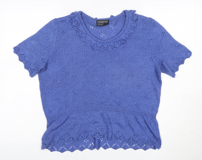 Escorpion Women Blue UK 16 Knit Ruffle Neck Short Sleeve Top