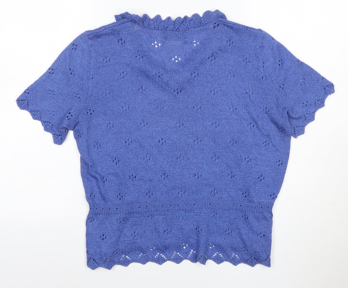 Escorpion Women Blue UK 16 Knit Ruffle Neck Short Sleeve Top