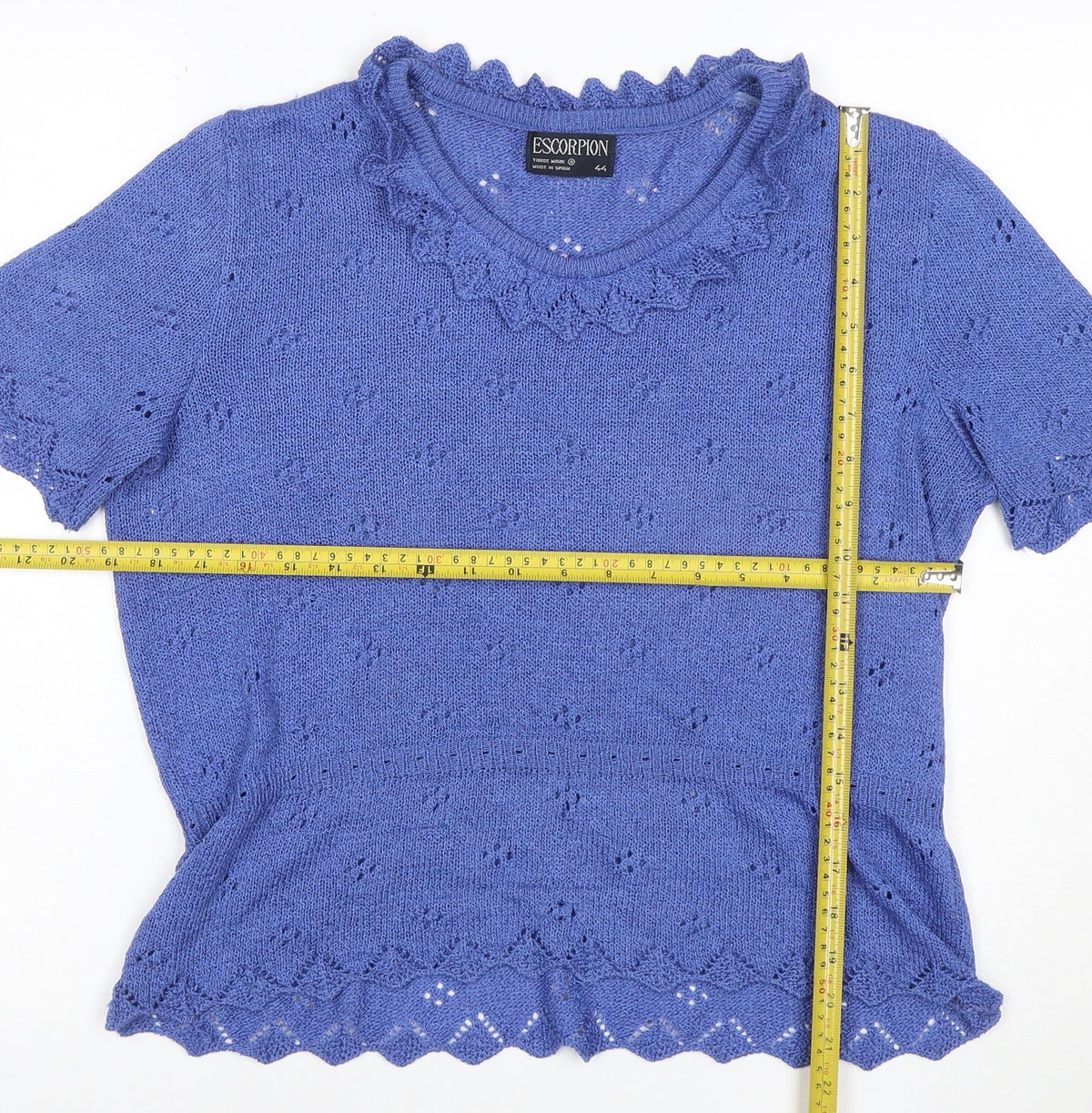 Escorpion Women Blue UK 16 Knit Ruffle Neck Short Sleeve Top
