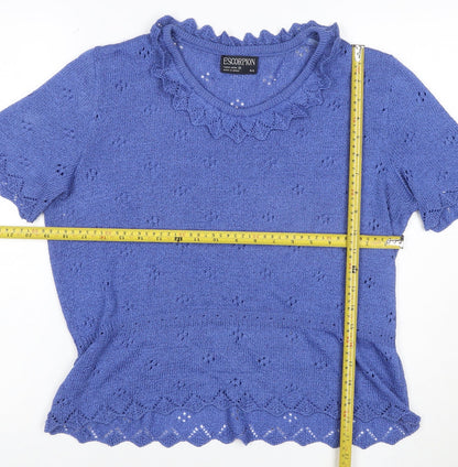 Escorpion Women Blue UK 16 Knit Ruffle Neck Short Sleeve Top