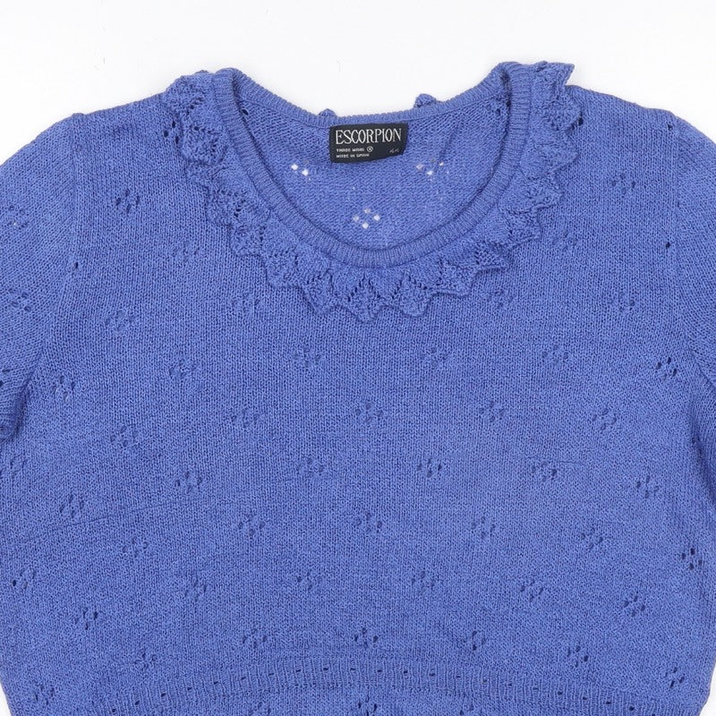Escorpion Women Blue UK 16 Knit Ruffle Neck Short Sleeve Top