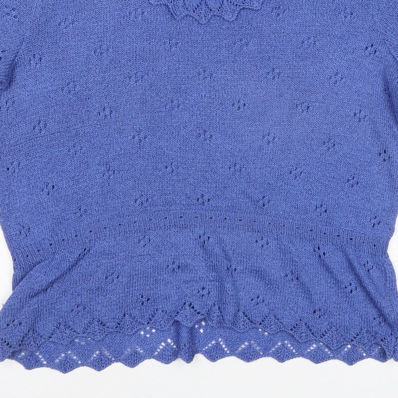 Escorpion Women Blue UK 16 Knit Ruffle Neck Short Sleeve Top