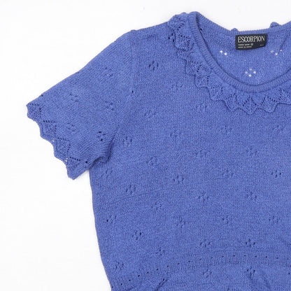 Escorpion Women Blue UK 16 Knit Ruffle Neck Short Sleeve Top